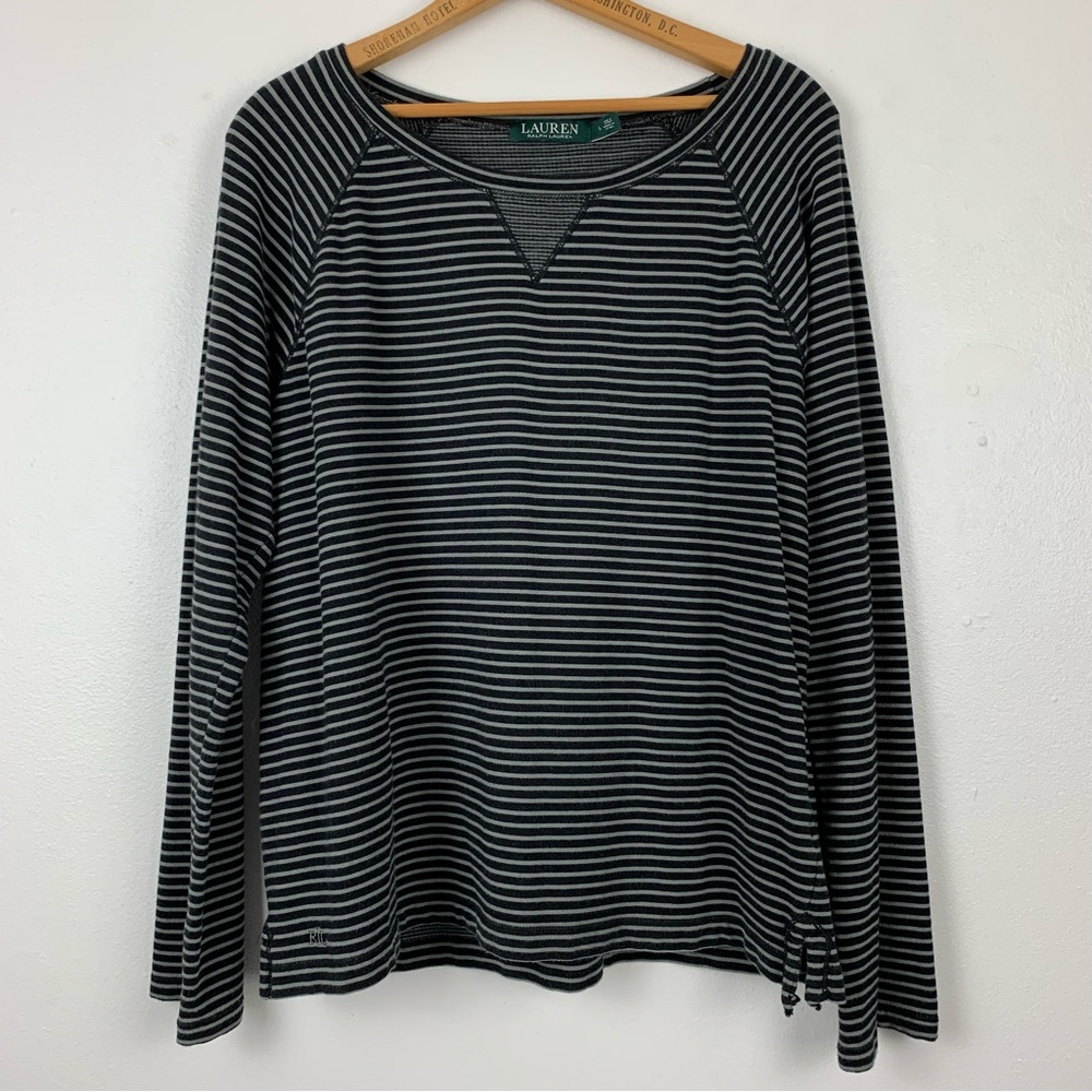 Lauren Ralph Lauren Shirt Womens Large Boat Neck Stripe Monogram Preppy Cozy